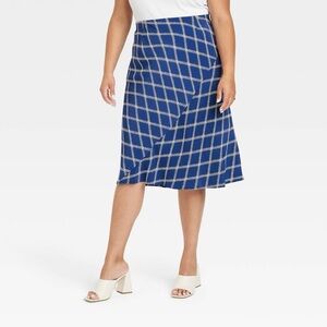 Ava & Viv Blue Windowpane Midi Skirt Size 1X